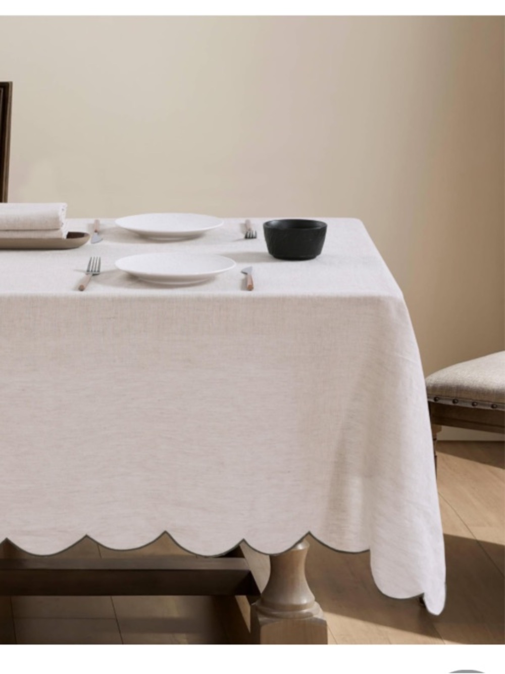 100% French Flax Linen Tablecloth Green Scalloped Edge RECTANGULAR 108x60” BEIGE